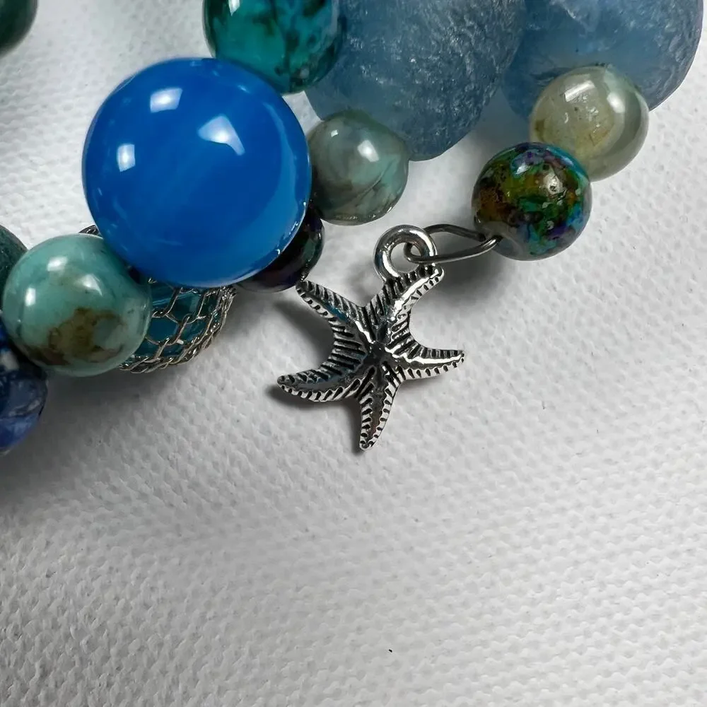 Hand Beaded Coil Statement Bracelet Beachy Turquoise Beads and Mixed Metals